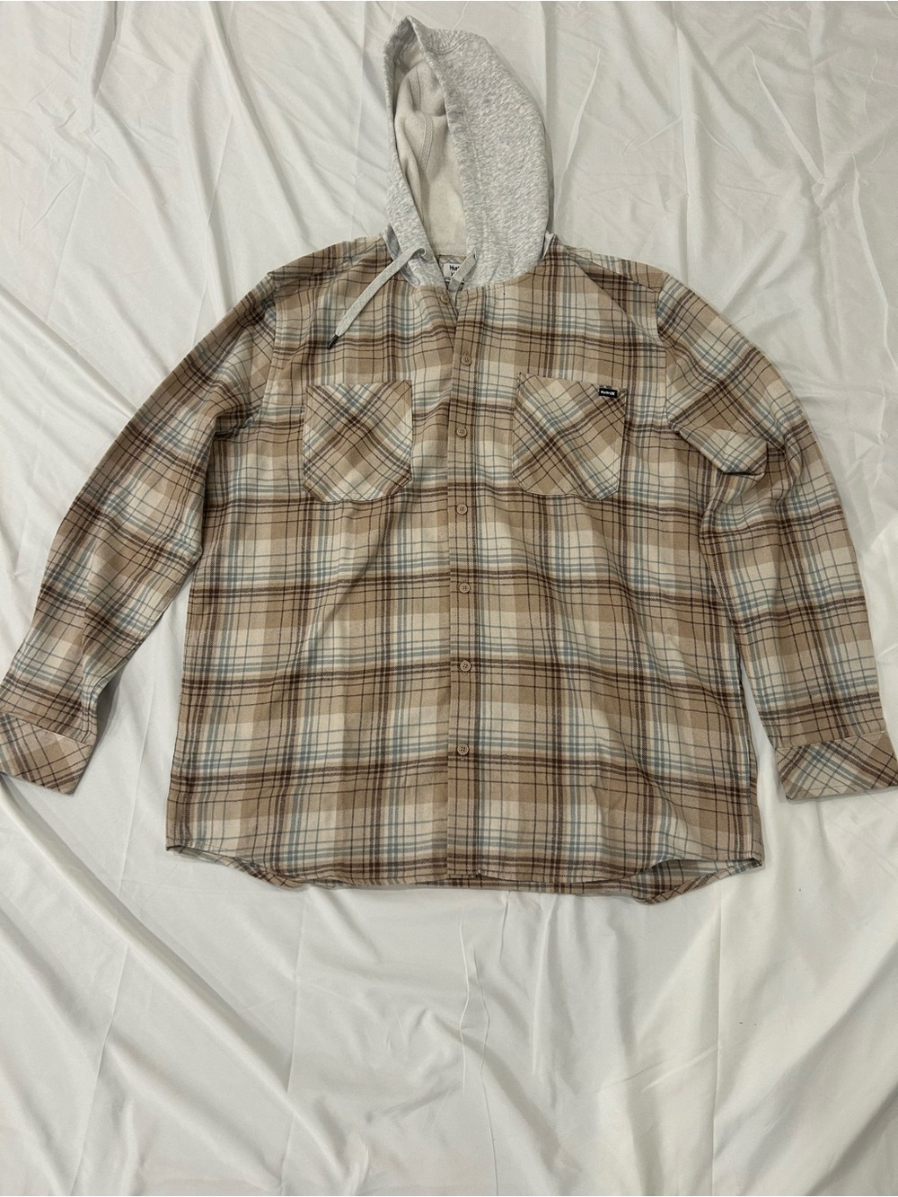 Hurley Beige Plaid Lightweight Hooded Shirt Jacket